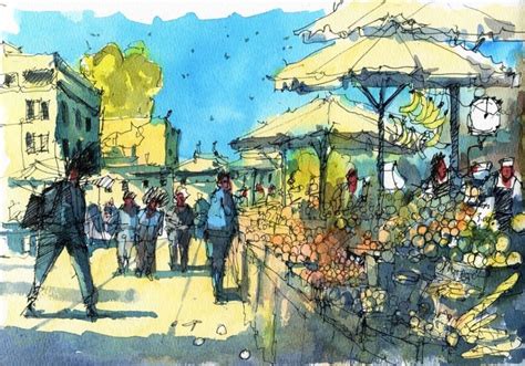 market drawing watercolor|How to Draw and Paint a Marketplace Scene.